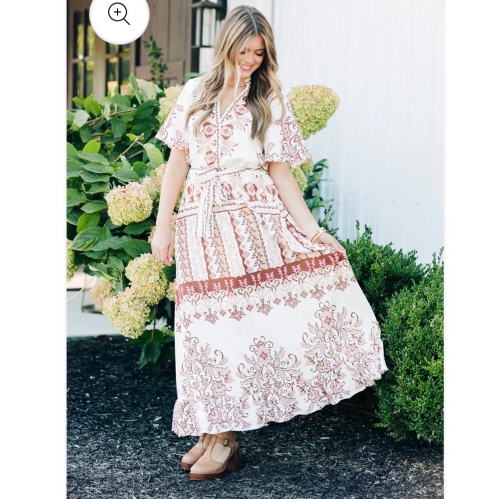 Floral Maxi Dress in Cream, Pink and Brown